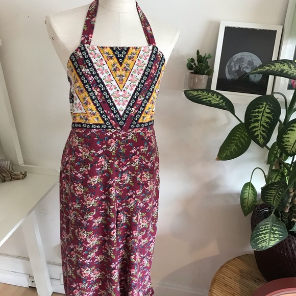Halter Neck Mid-Length Jumpsuit, Quilted-Look Floral, Burgundy, Size Small - Picture 4 of 7